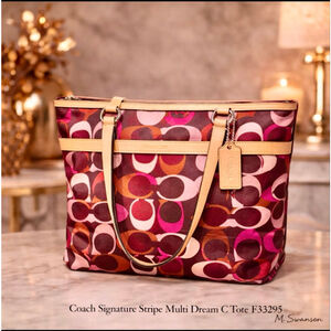 Coach Signature Stripe Multi Dream C Tote F33295 Pink Plum Nylon Jacquard